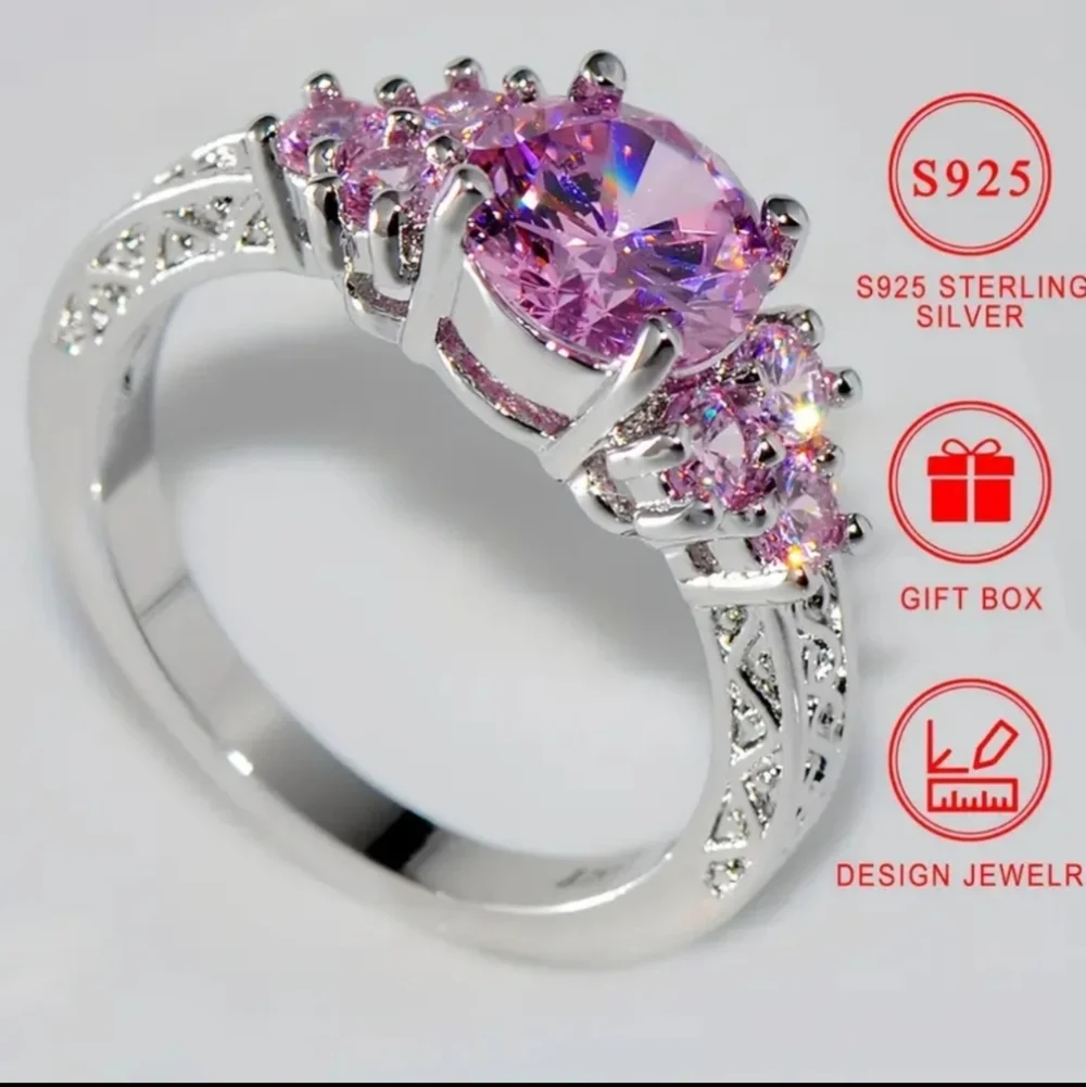 Ladies Sterling Silver Pink Gemstone Ring Sz 9